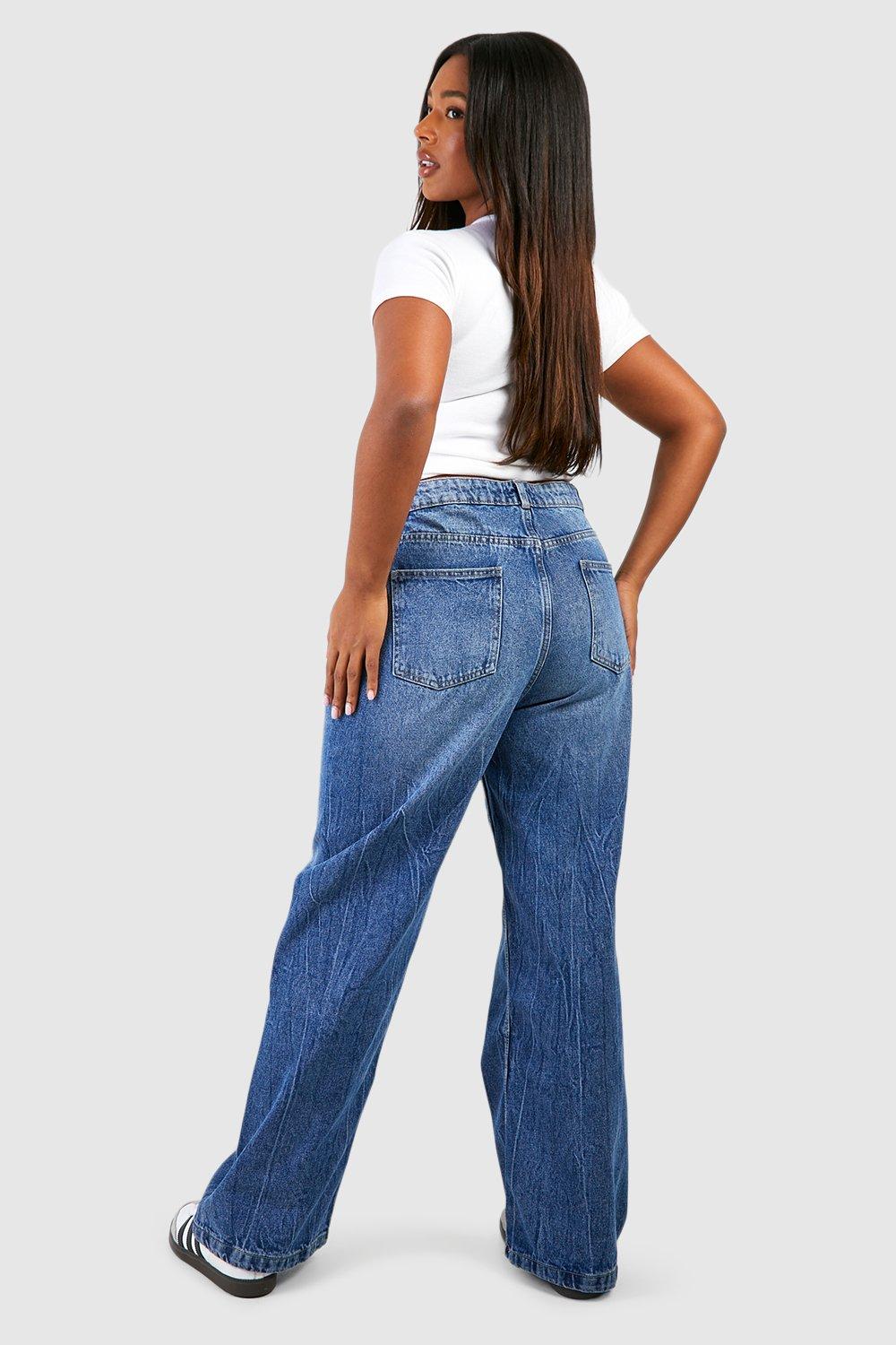 Plus Cracked Effect Mid Blue Straight Leg Jeans